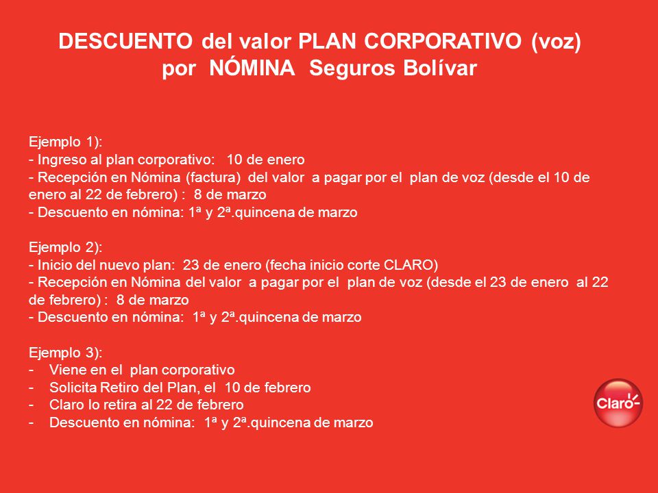 DESCUENTO del valor PLAN CORPORATIVO (voz) por NÓMINA Seguros Bolívar