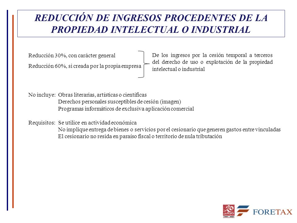 REDUCCIÓN DE INGRESOS PROCEDENTES DE LA PROPIEDAD INTELECTUAL O INDUSTRIAL