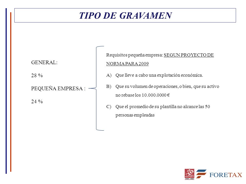 TIPO DE GRAVAMEN GENERAL: 28 % PEQUEÑA EMPRESA : 24 %