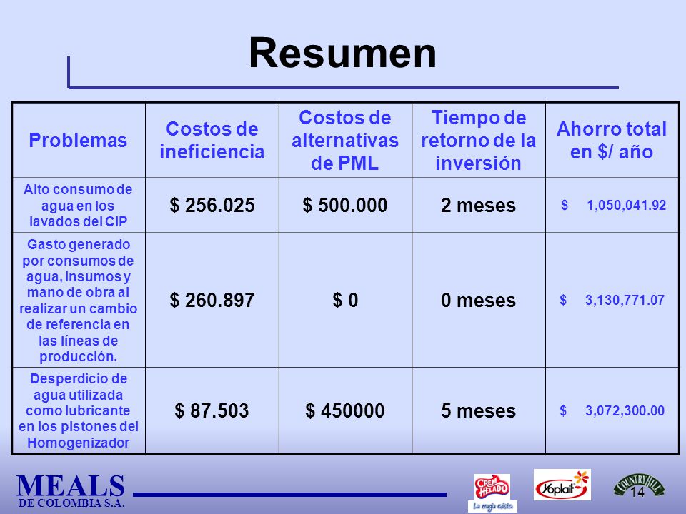 Resumen Problemas Costos de ineficiencia Costos de alternativas de PML