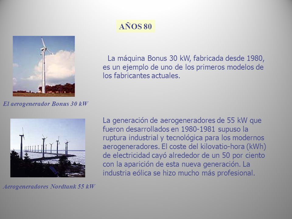 AÑOS 80 La máquina Bonus 30 kW, fabricada desde 1980, es un ejemplo de uno de los primeros modelos de los fabricantes actuales.