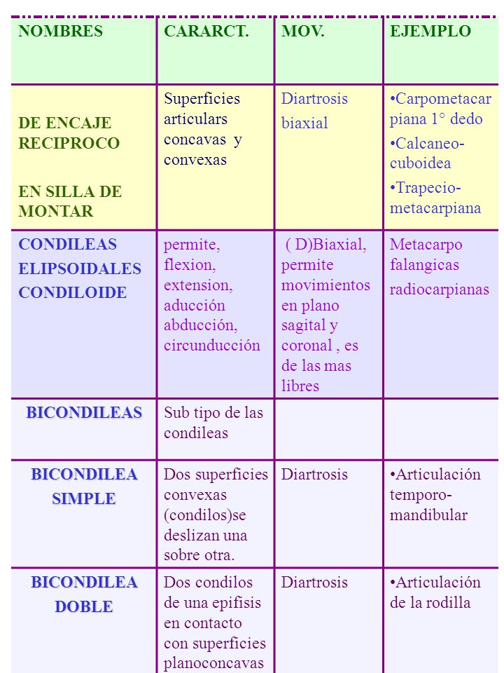 NOMBRES CARARCT. MOV. EJEMPLO. DE ENCAJE RECIPROCO. EN SILLA DE MONTAR. Superficies articulars concavas y convexas.