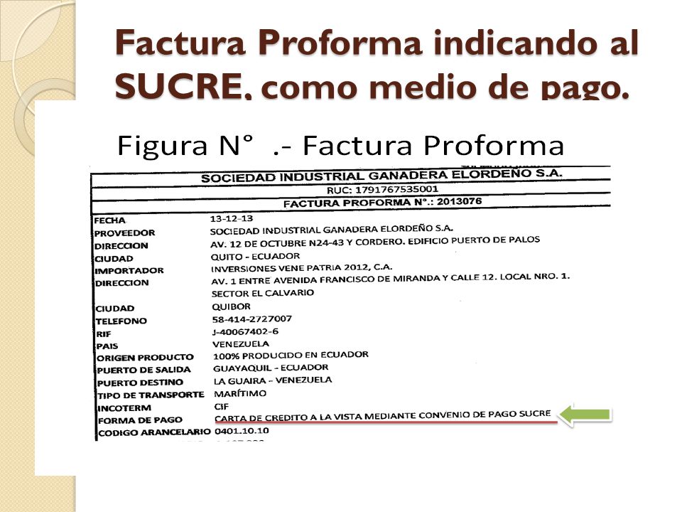 Factura Proforma indicando al SUCRE, como medio de pago.