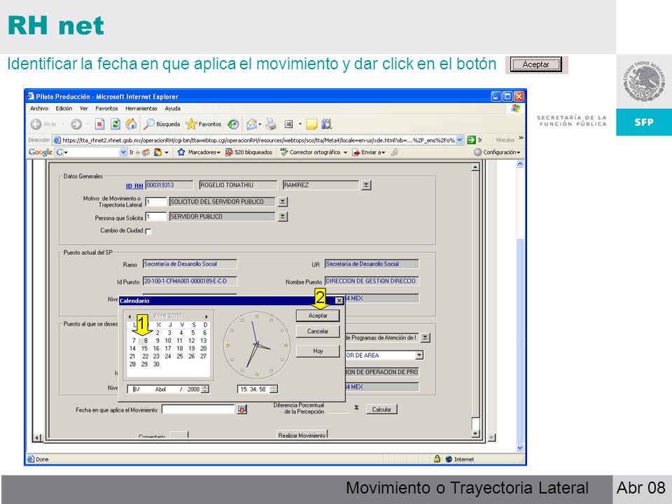RH net Identificar la fecha en que aplica el movimiento y dar click en el botón