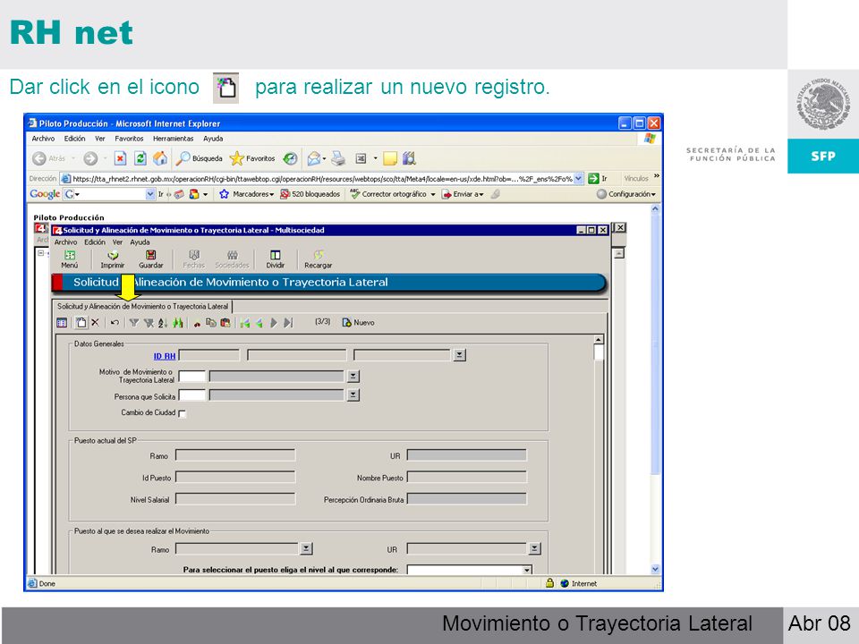 RH net Dar click en el icono para realizar un nuevo registro.