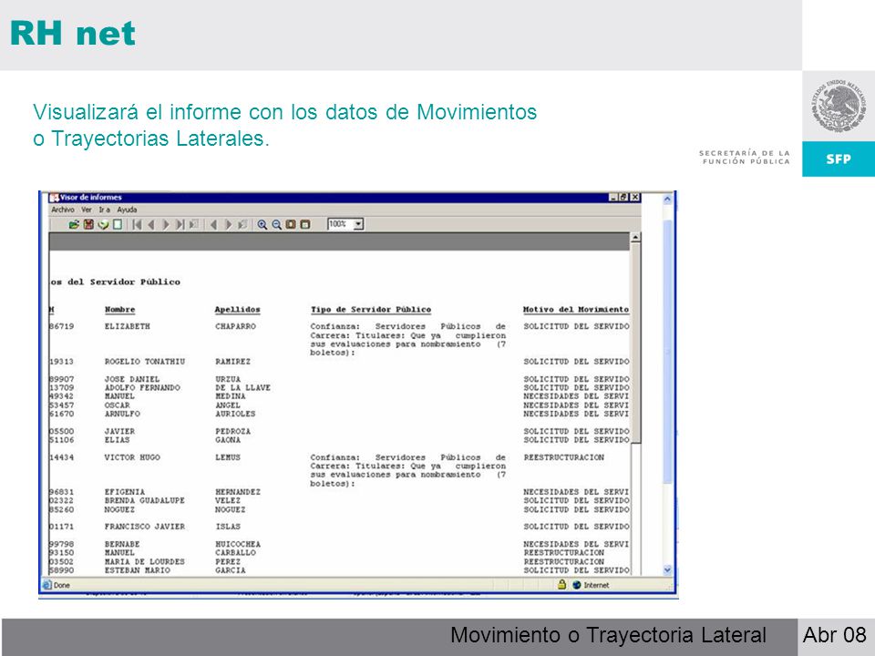 RH net Visualizará el informe con los datos de Movimientos o Trayectorias Laterales.