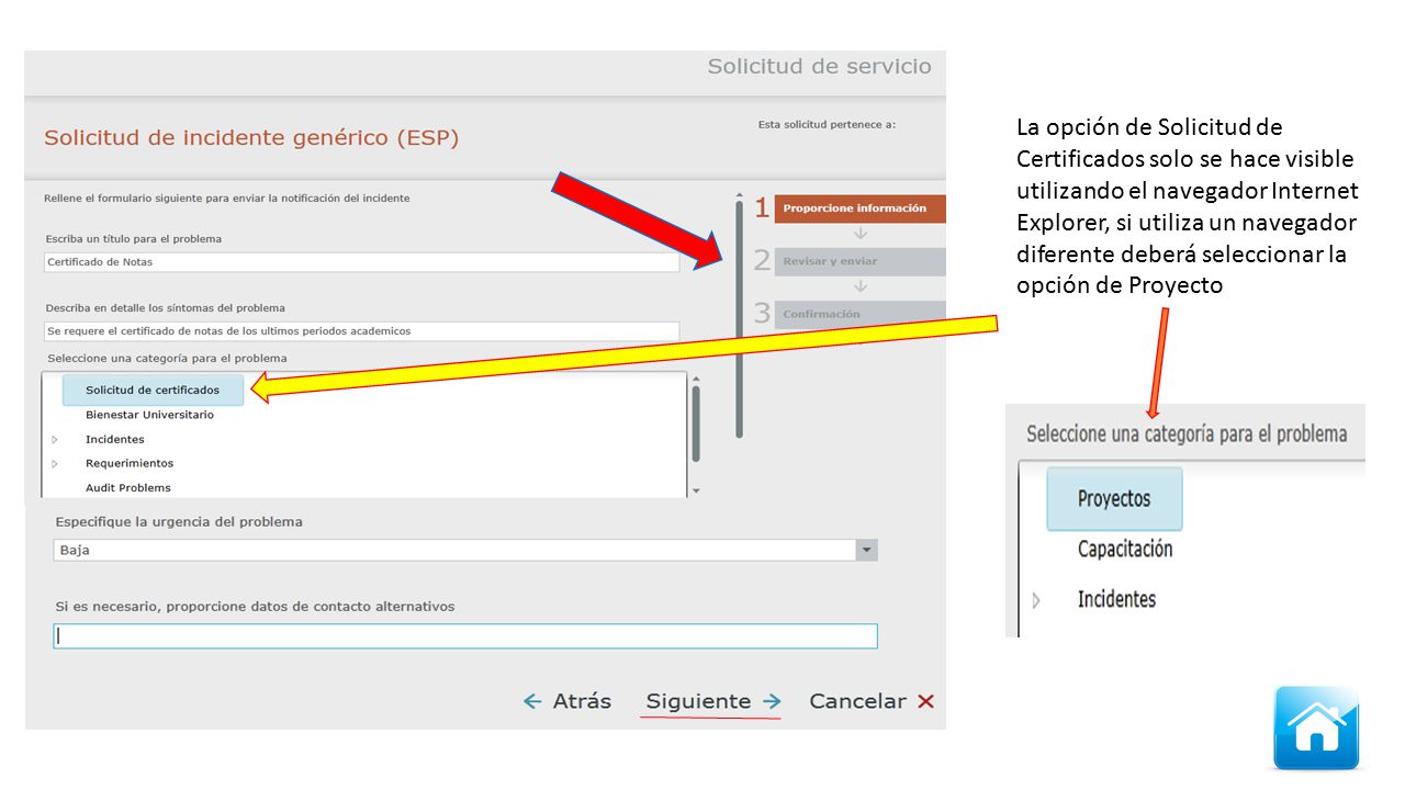 La opción de Solicitud de Certificados solo se hace visible utilizando el navegador Internet Explorer, si utiliza un navegador diferente deberá seleccionar la opción de Proyecto