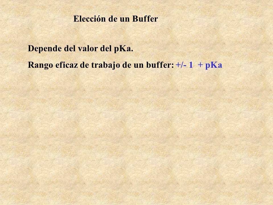Elección de un Buffer Depende del valor del pKa. Rango eficaz de trabajo de un buffer: +/- 1 + pKa