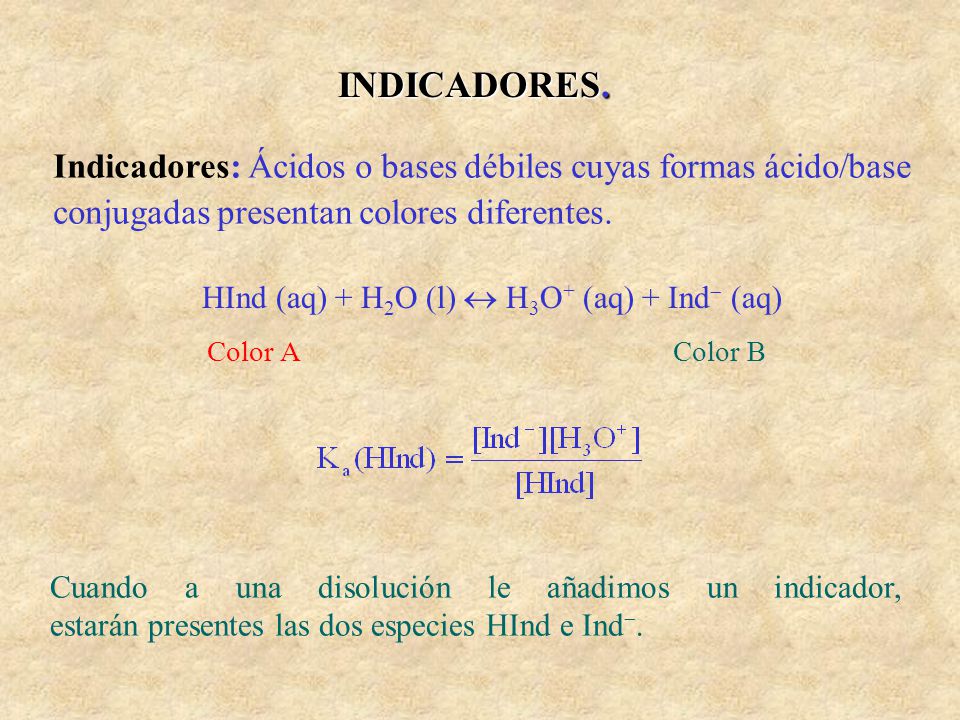 INDICADORES. Indicadores: Ácidos o bases débiles cuyas formas ácido/base conjugadas presentan colores diferentes.