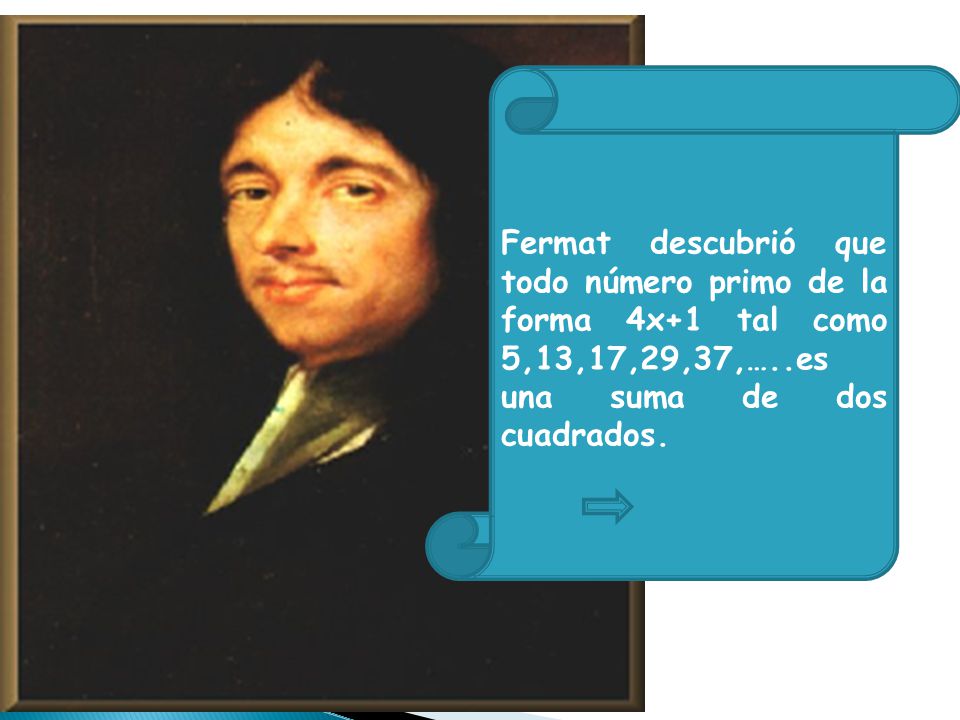 Fermat descubrió que todo número primo de la forma 4x+1 tal como 5,13,17,29,37,…..es una suma de dos cuadrados.