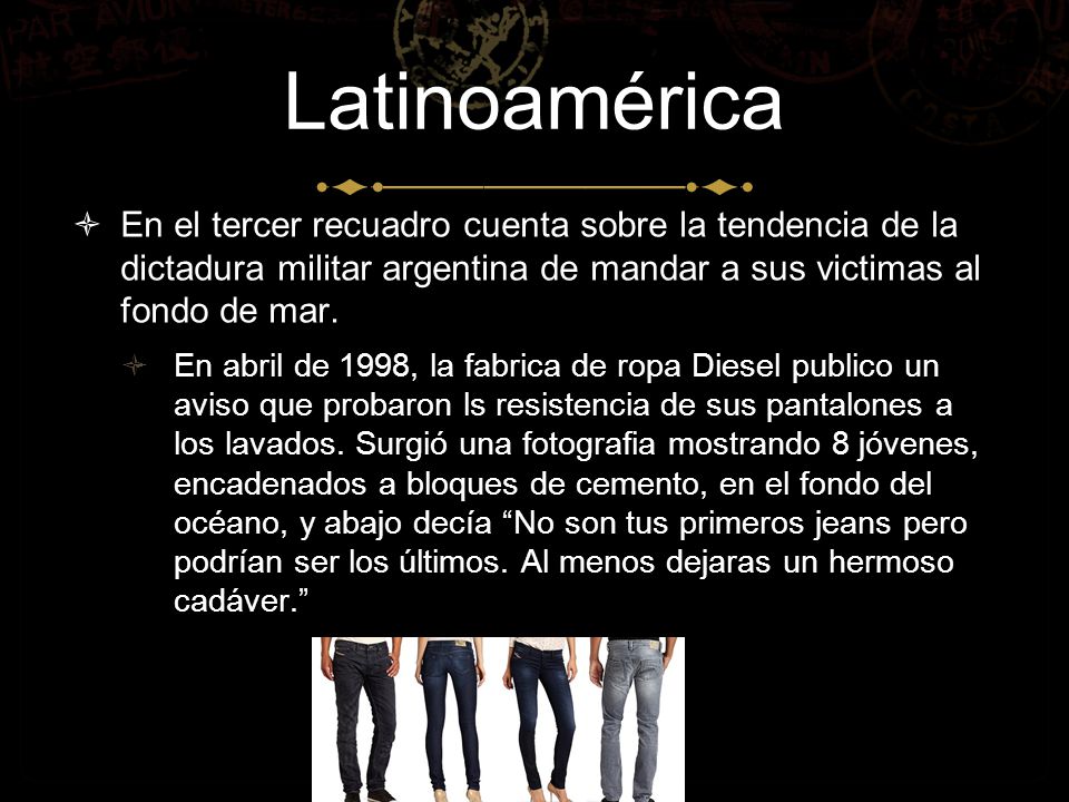 Latinoamérica En el tercer recuadro cuenta sobre la tendencia de la dictadura militar argentina de mandar a sus victimas al fondo de mar.