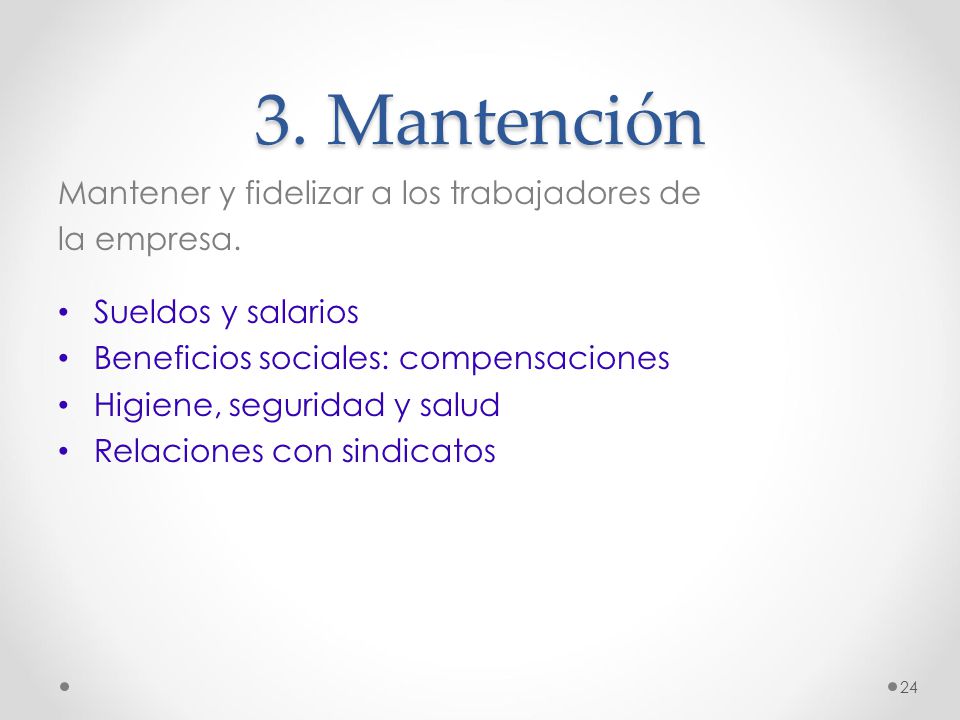 3. Mantención Mantener y fidelizar a los trabajadores de la empresa.