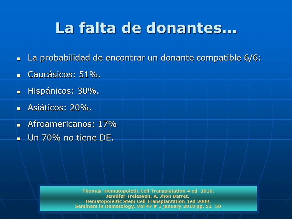 La falta de donantes... La probabilidad de encontrar un donante compatible 6/6: Caucásicos: 51%. Hispánicos: 30%.