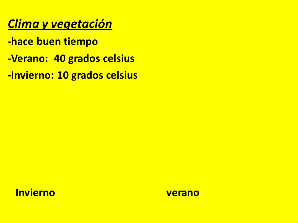 Clima y vegetación -hace buen tiempo -Verano: 40 grados celsius