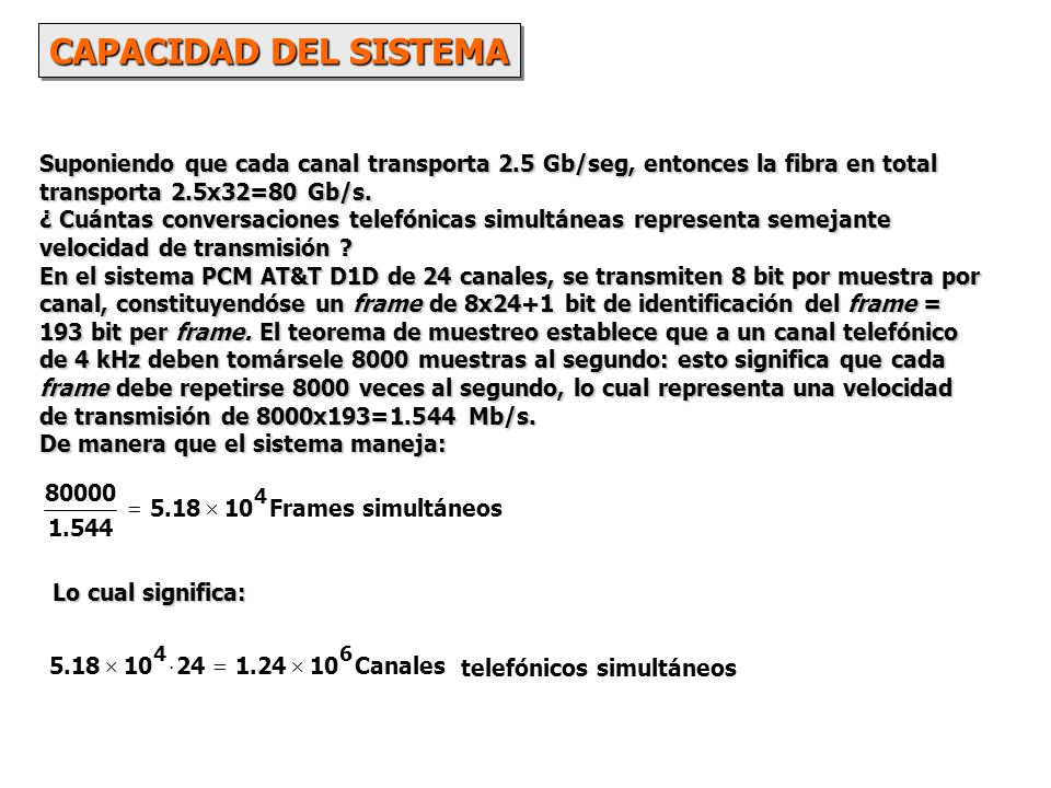 CAPACIDAD DEL SISTEMA Suponiendo que cada canal transporta 2.5 Gb/seg, entonces la fibra en total transporta 2.5x32=80 Gb/s.