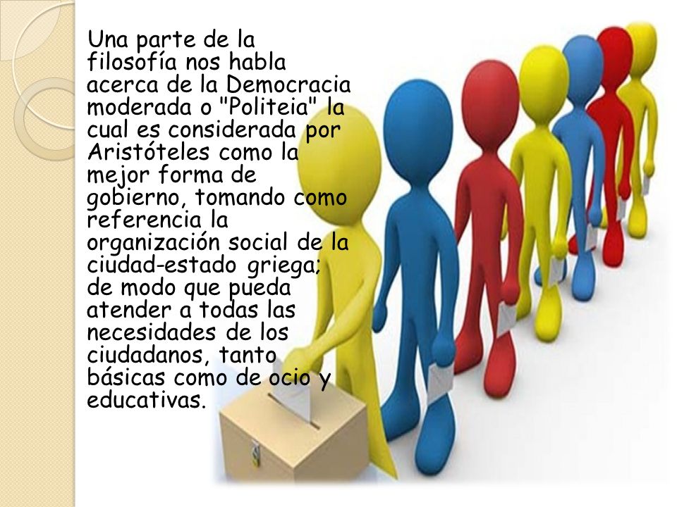 Una parte de la filosofía nos habla acerca de la Democracia moderada o Politeia la cual es considerada por Aristóteles como la mejor forma de gobierno, tomando como referencia la organización social de la ciudad-estado griega; de modo que pueda atender a todas las necesidades de los ciudadanos, tanto básicas como de ocio y educativas.
