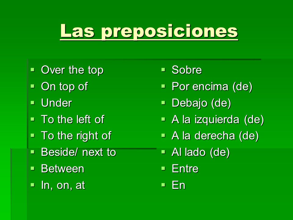 Las preposiciones Over the top On top of Under To the left of