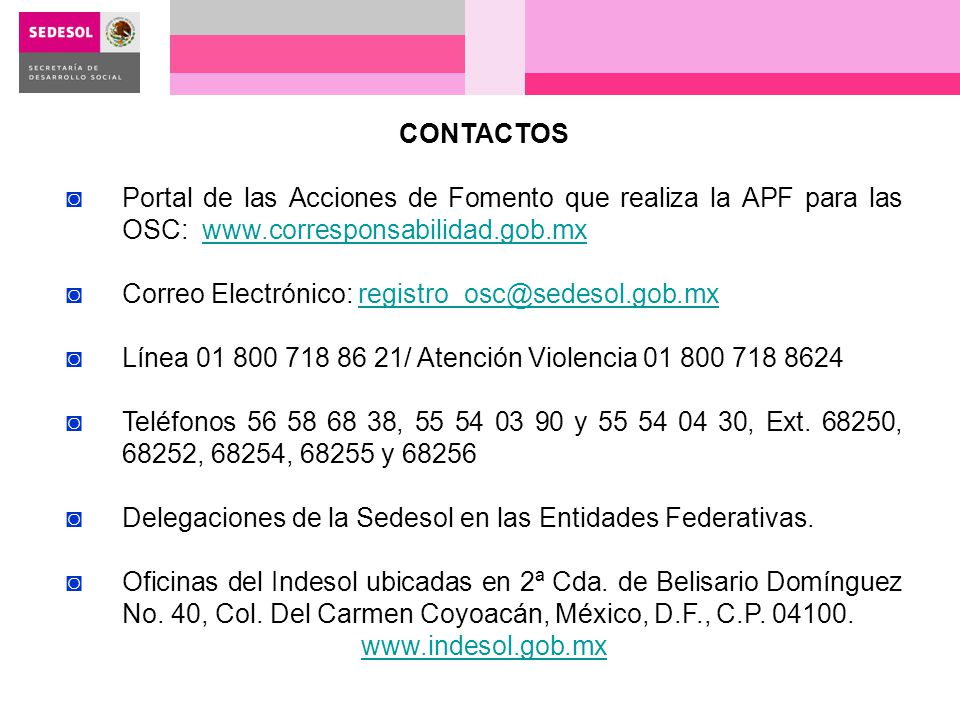 CONTACTOS Portal de las Acciones de Fomento que realiza la APF para las OSC: