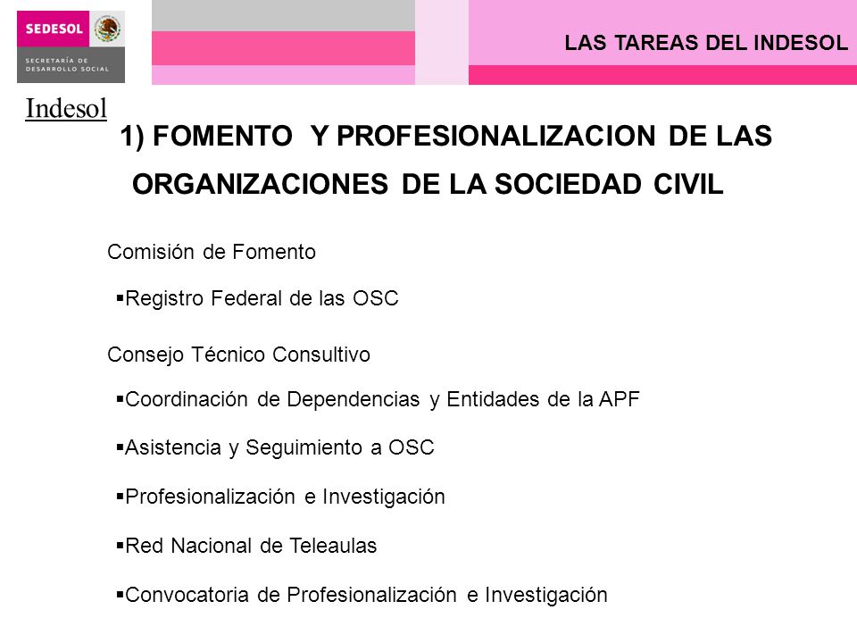 LAS TAREAS DEL INDESOL Indesol. 1) FOMENTO Y PROFESIONALIZACION DE LAS ORGANIZACIONES DE LA SOCIEDAD CIVIL.