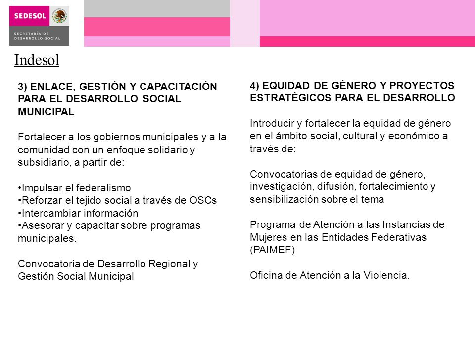 Indesol 4) EQUIDAD DE GÉNERO Y PROYECTOS ESTRATÉGICOS PARA EL DESARROLLO.