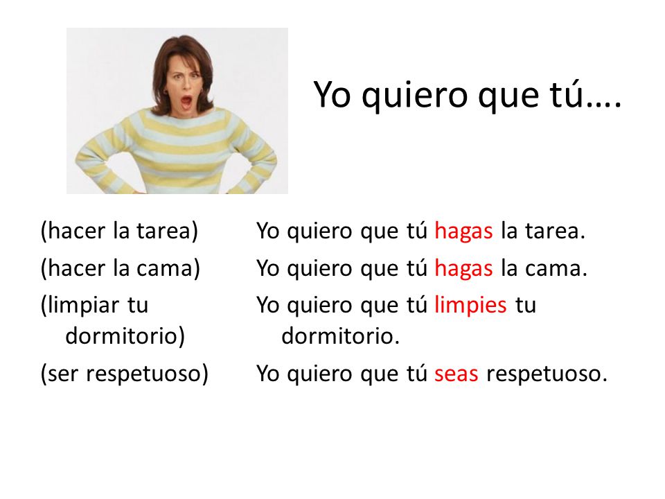 Yo quiero que tú…. (hacer la tarea) (hacer la cama) (limpiar tu dormitorio) (ser respetuoso)
