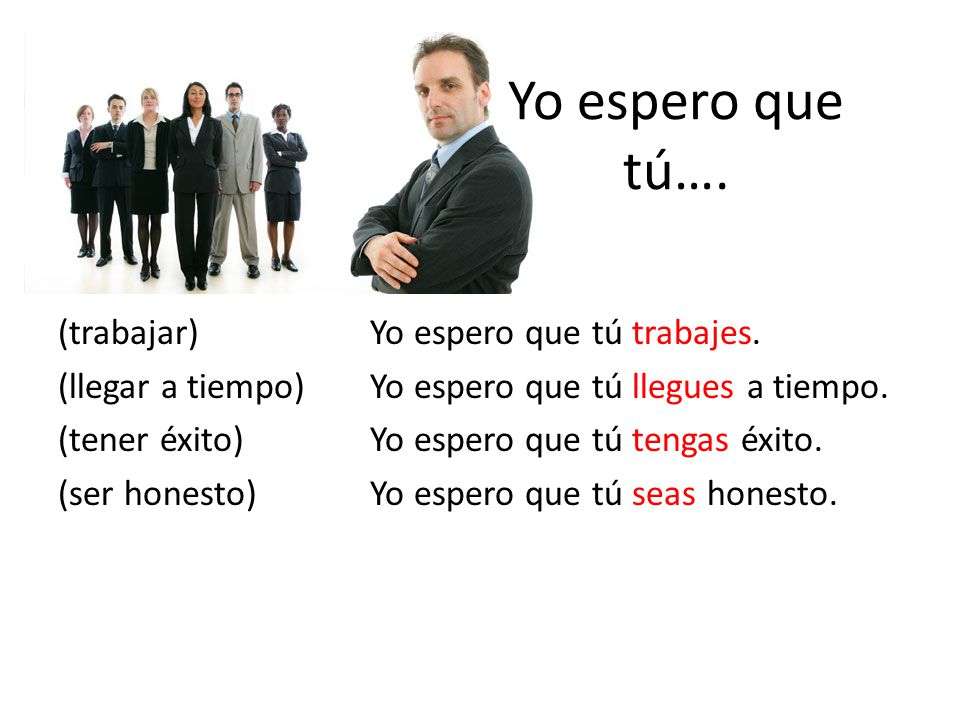 Yo espero que tú…. (trabajar) (llegar a tiempo) (tener éxito) (ser honesto)