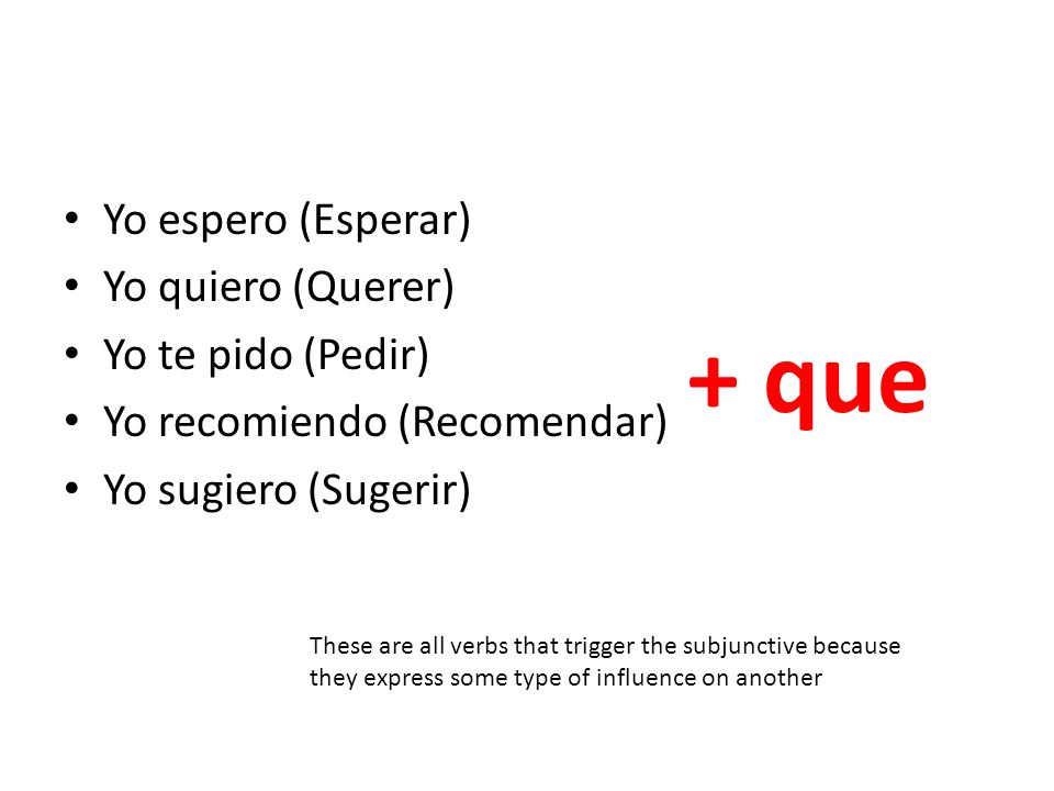 + que Yo espero (Esperar) Yo quiero (Querer) Yo te pido (Pedir)