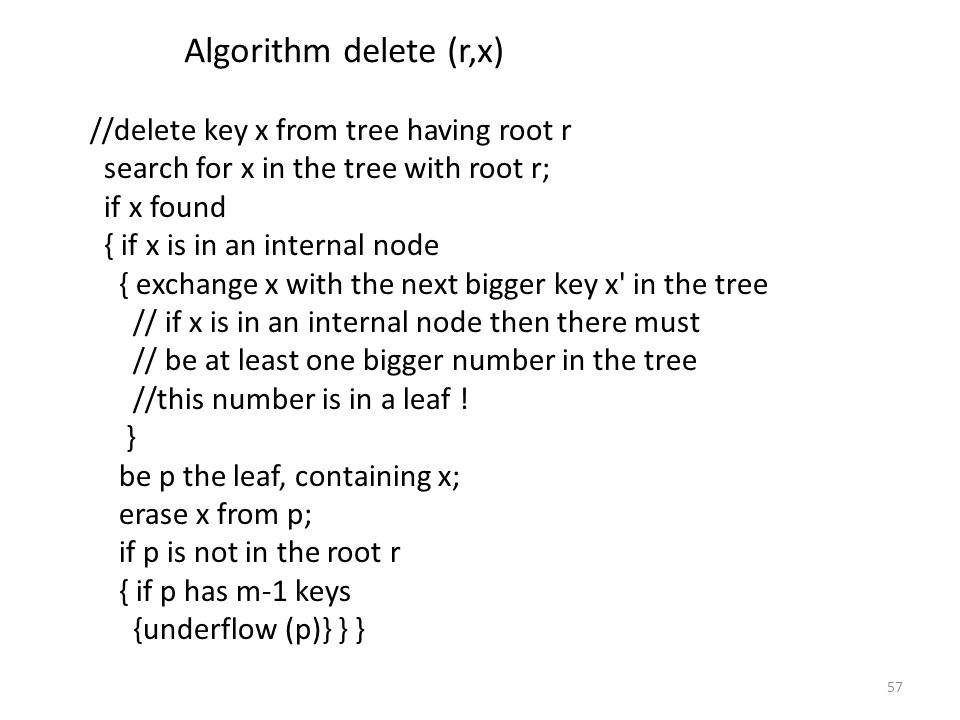 Algorithm delete (r,x) //delete key x from tree having root r