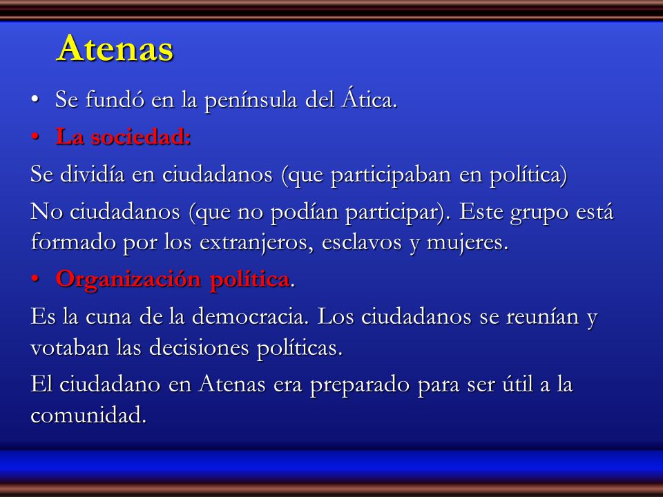 Atenas Se fundó en la península del Ática. La sociedad: