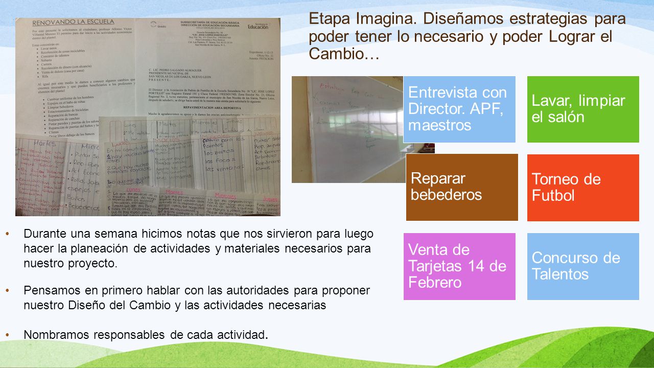 Etapa Imagina. Diseñamos estrategias para poder tener lo necesario y poder Lograr el Cambio…