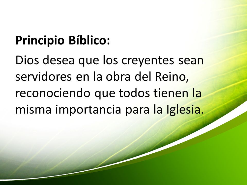 Principio Bíblico: Dios desea que los creyentes sean servidores en la obra del Reino, reconociendo que todos tienen la misma importancia para la Iglesia.