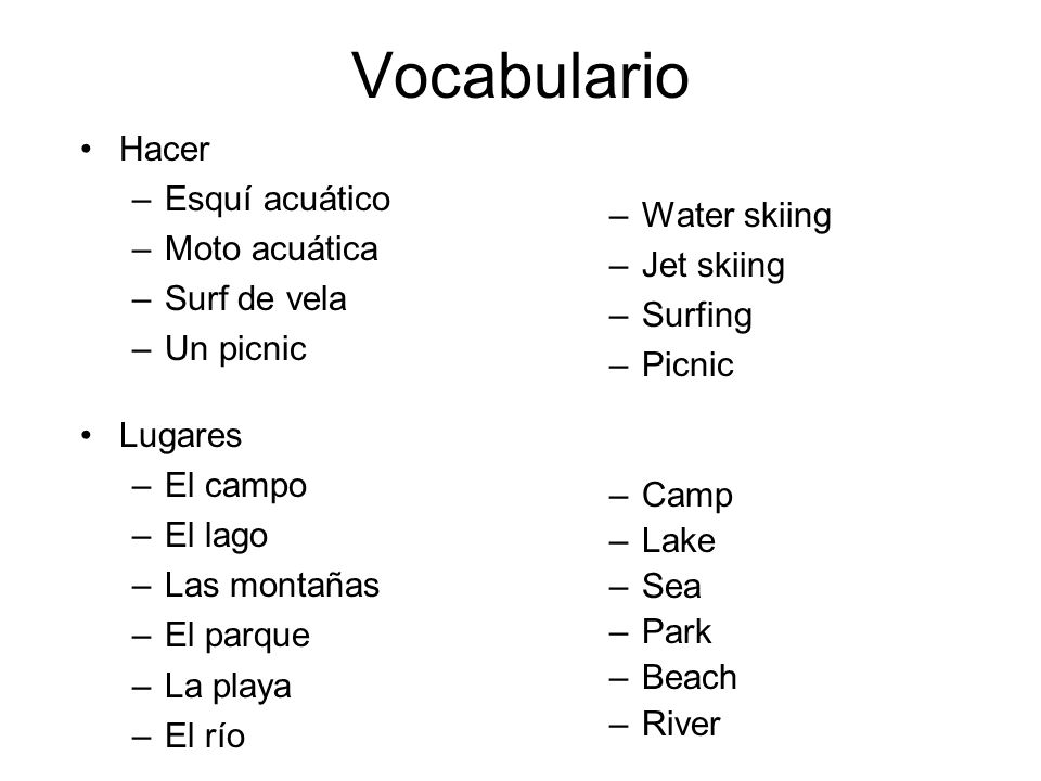 Vocabulario Hacer Esquí acuático Water skiing Moto acuática Jet skiing