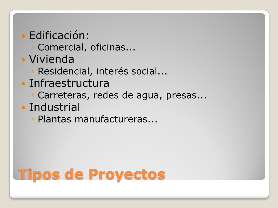Tipos de Proyectos Edificación: Vivienda Infraestructura Industrial