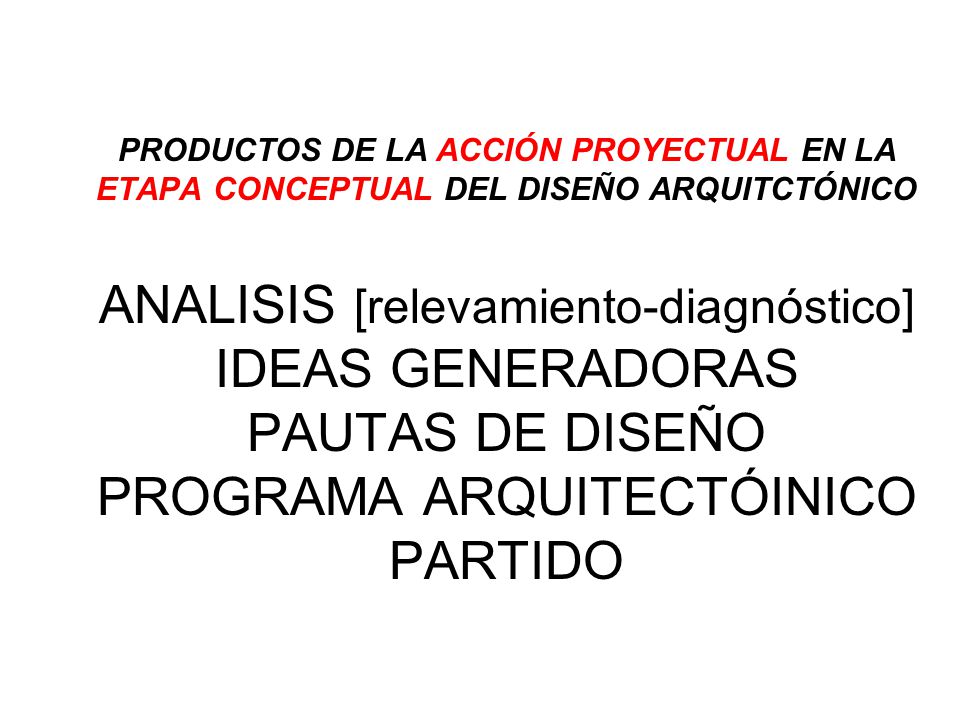 PRODUCTOS DE LA ACCIÓN PROYECTUAL EN LA ETAPA CONCEPTUAL DEL DISEÑO ARQUITCTÓNICO ANALISIS [relevamiento-diagnóstico] IDEAS GENERADORAS PAUTAS DE DISEÑO PROGRAMA ARQUITECTÓINICO PARTIDO