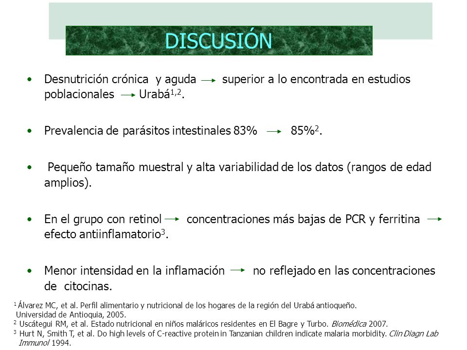 DISCUSIÓN Desnutrición crónica y aguda superior a lo encontrada en estudios poblacionales Urabá1,2.