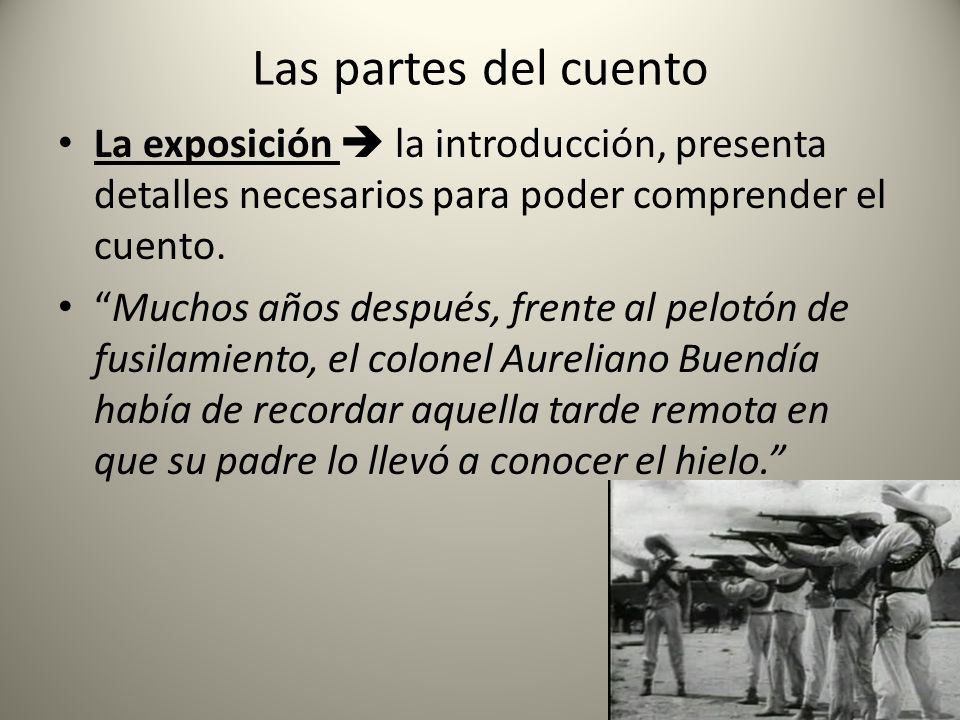 Las partes del cuento La exposición  la introducción, presenta detalles necesarios para poder comprender el cuento.
