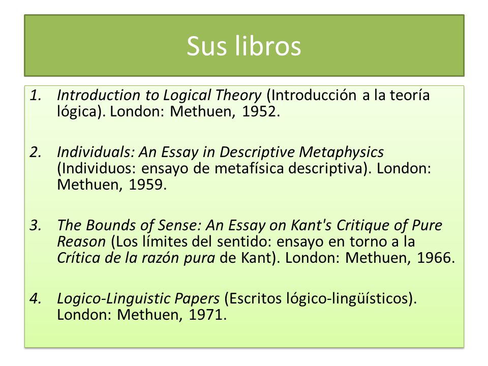 Sus libros Introduction to Logical Theory (Introducción a la teoría lógica). London: Methuen,