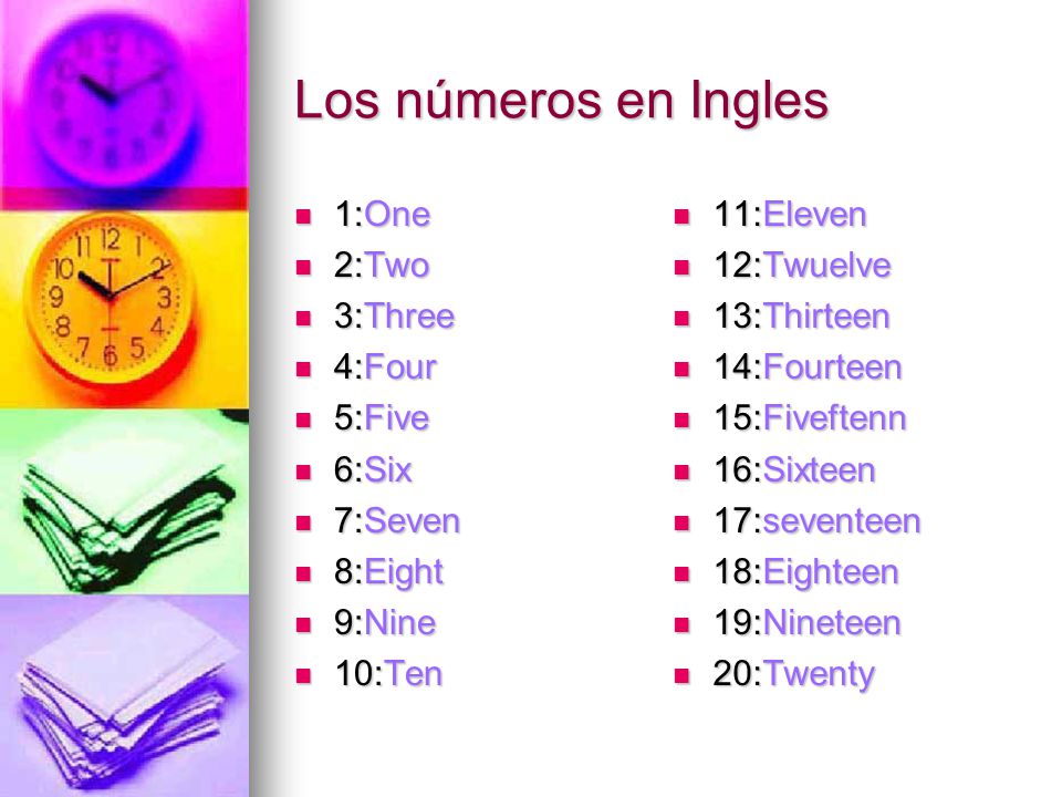 Los números en Ingles 1:One 2:Two 3:Three 4:Four 5:Five 6:Six 7:Seven