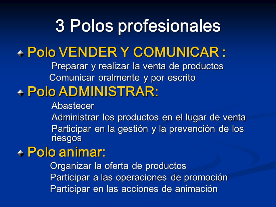 3 Polos profesionales Polo VENDER Y COMUNICAR : Polo ADMINISTRAR:
