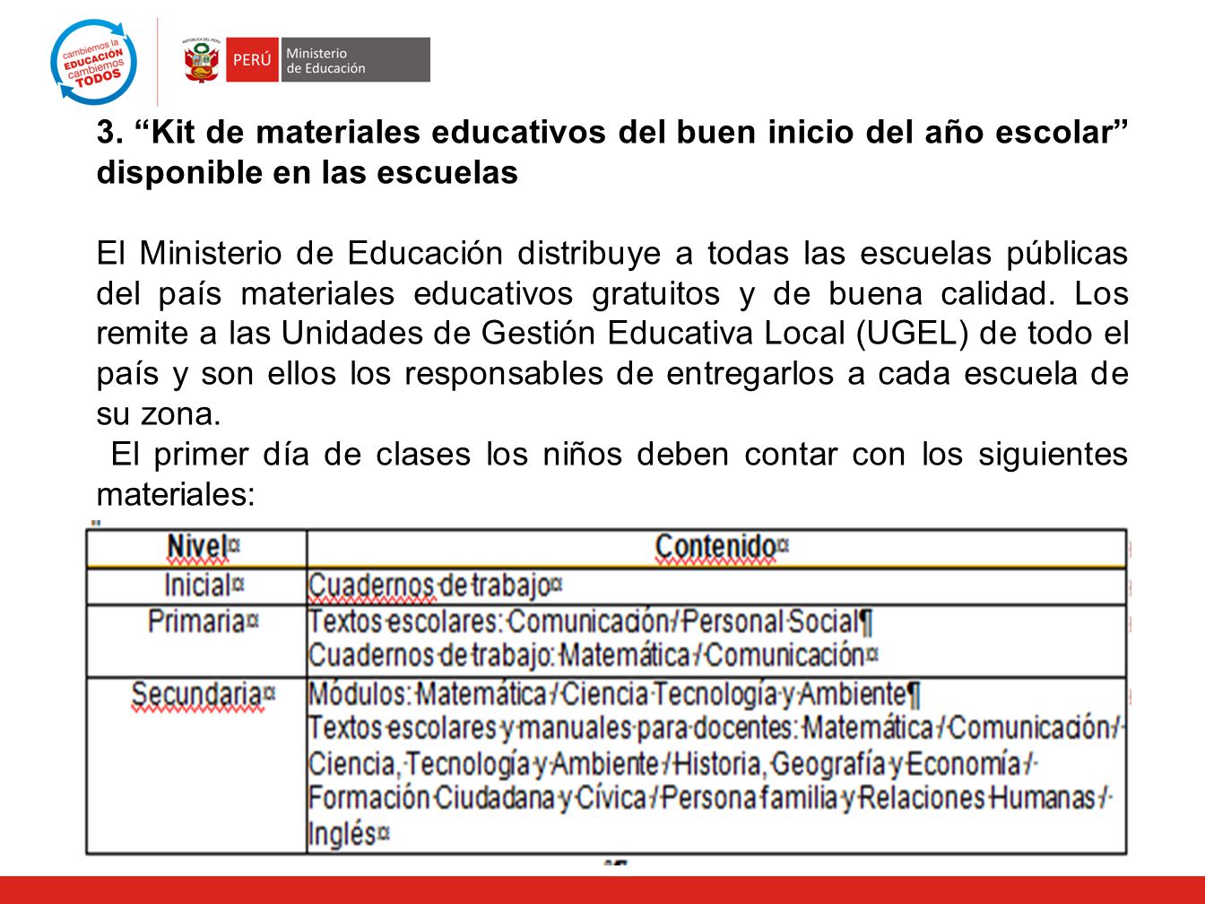 3. Kit de materiales educativos del buen inicio del año escolar disponible en las escuelas