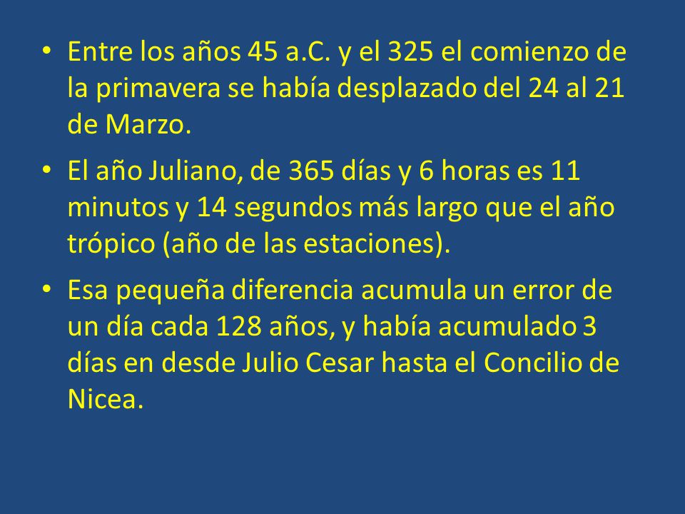 Entre los años 45 a.C. y el 325 el comienzo de la primavera se había desplazado del 24 al 21 de Marzo.