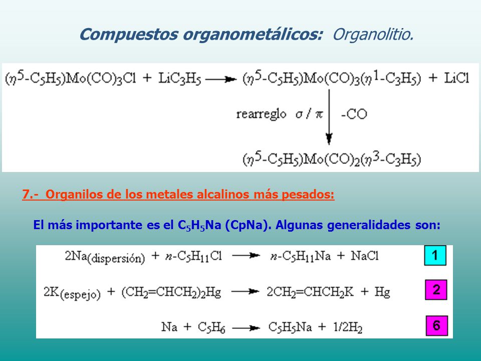 El más importante es el C5H5Na (CpNa). Algunas generalidades son: