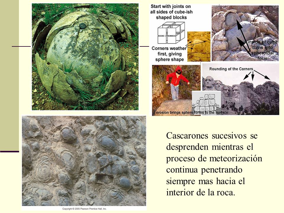 Cascarones sucesivos se desprenden mientras el proceso de meteorización continua penetrando siempre mas hacia el interior de la roca.