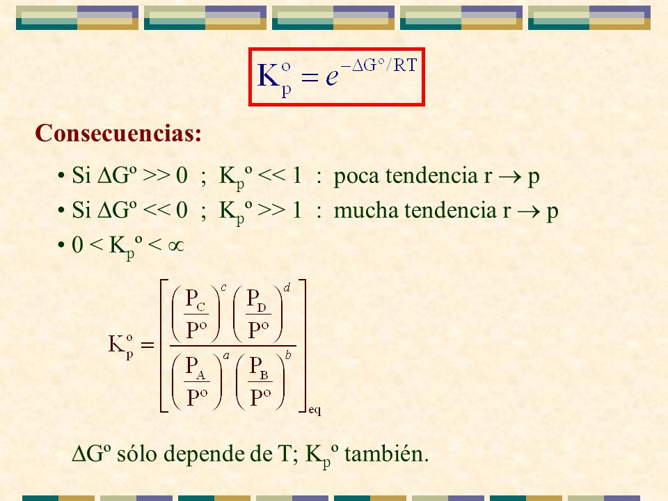 Consecuencias: Si DGº >> 0 ; Kpº << 1 : poca tendencia r ® p. Si DGº << 0 ; Kpº >> 1 : mucha tendencia r ® p.