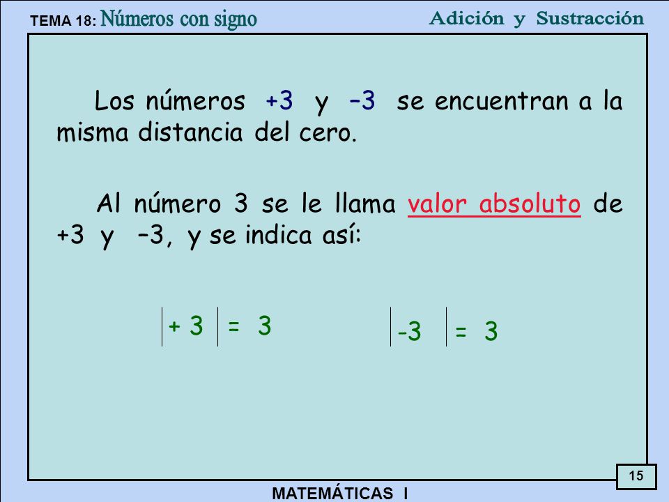 Los números +3 y –3 se encuentran a la misma distancia del cero.
