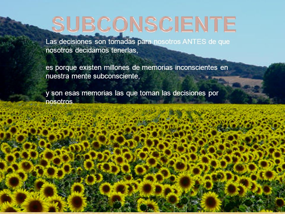 SUBCONSCIENTE Las decisiones son tomadas para nosotros ANTES de que nosotros decidamos tenerlas,