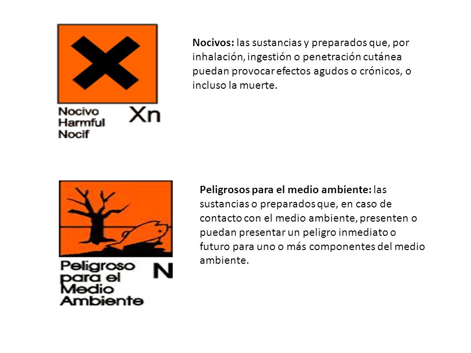 Nocivos: las sustancias y preparados que, por inhalación, ingestión o penetración cutánea puedan provocar efectos agudos o crónicos, o incluso la muerte.