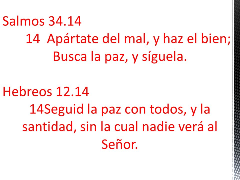 14 Apártate del mal, y haz el bien; Busca la paz, y síguela.