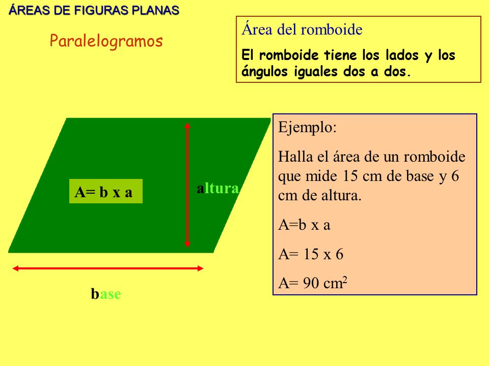 Halla el área de un romboide que mide 15 cm de base y 6 cm de altura.