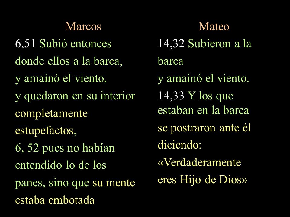 Marcos 6,51 Subió entonces. donde ellos a la barca, y amainó el viento, y quedaron en su interior.